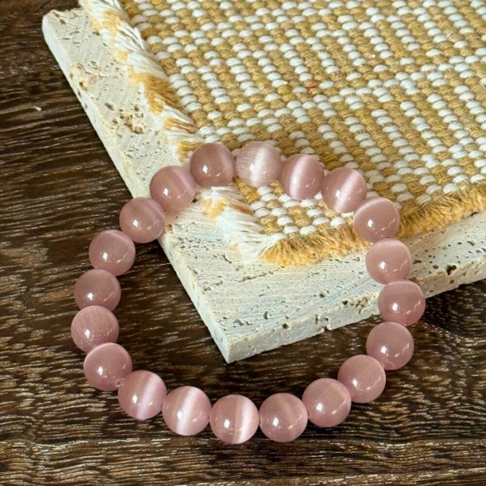 Dusty Rose Cat’s Eye Crystal 10MM Beaded Stretch Bracelet Gemstone Jewelry - Picture 4 of 10